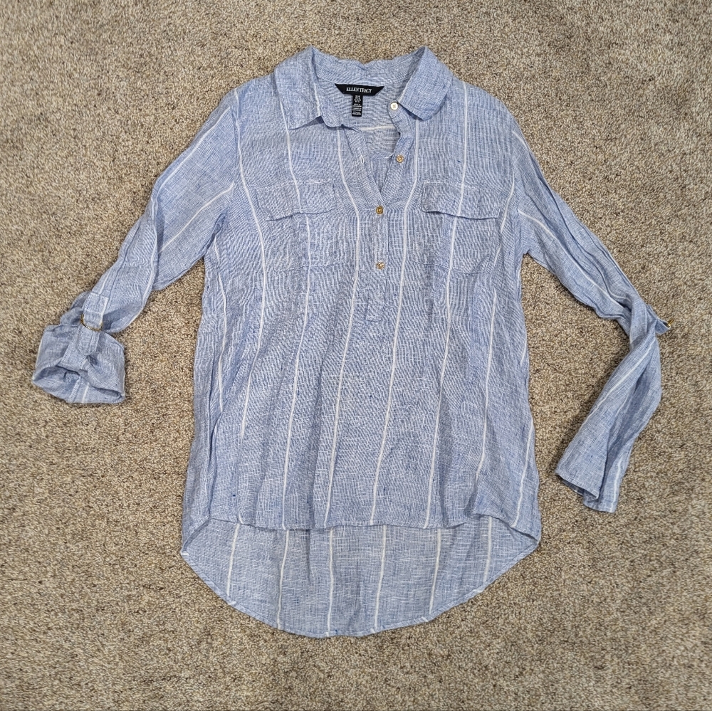 Ellen Tracy 100% linen adjustable sleeve and 1/4 button up lightweight